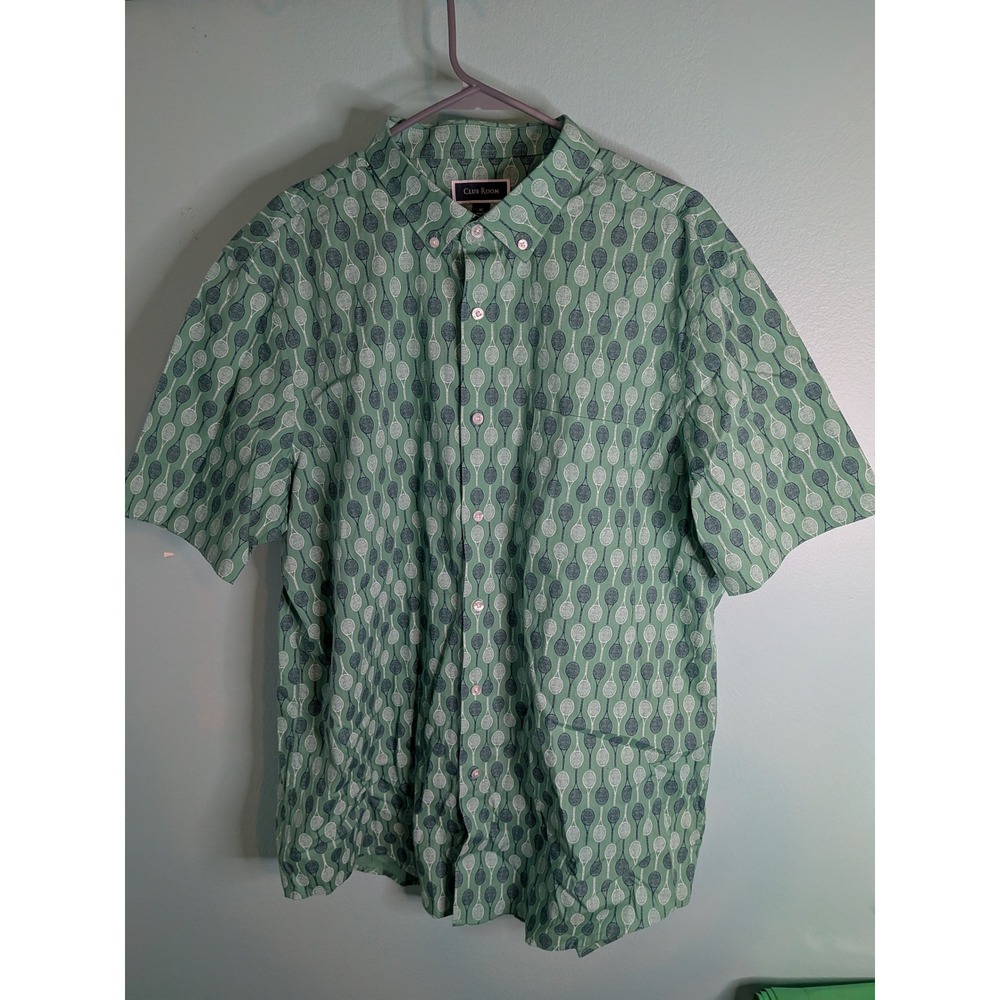 Club Room Mens XL Green Tennis Racket Short Sleeve Button Down Shirt Cotton